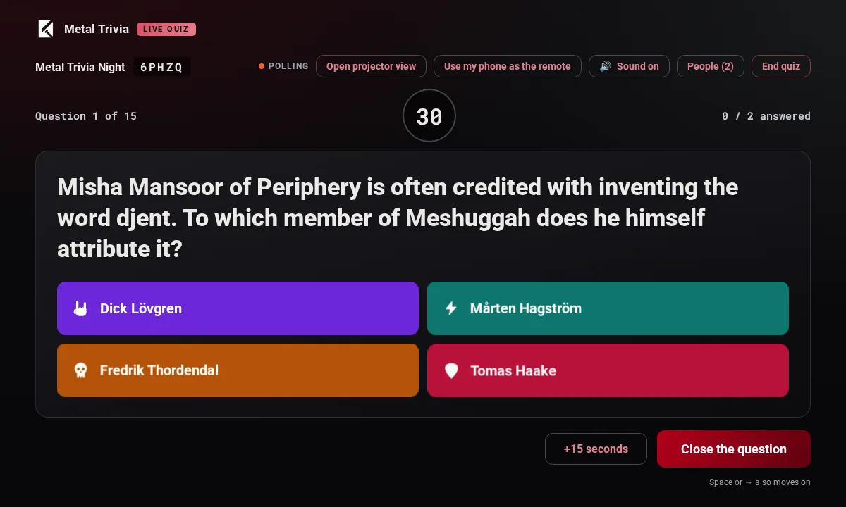 The live quiz host screen: a question about the word djent, four coloured answers and a 30-second timer.